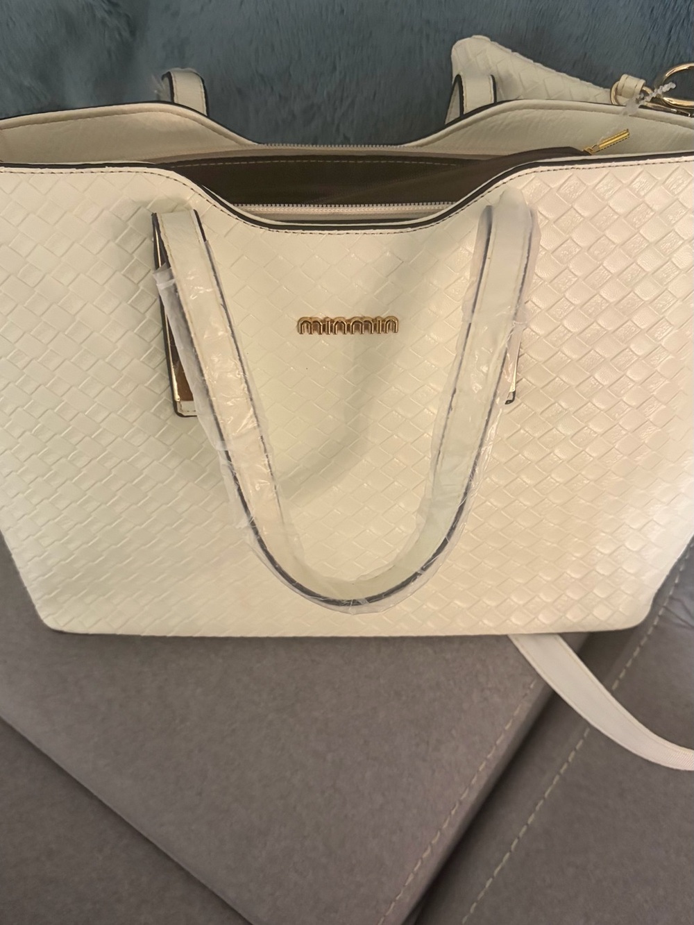 Cream Woven Tote Bag with Gold Logo